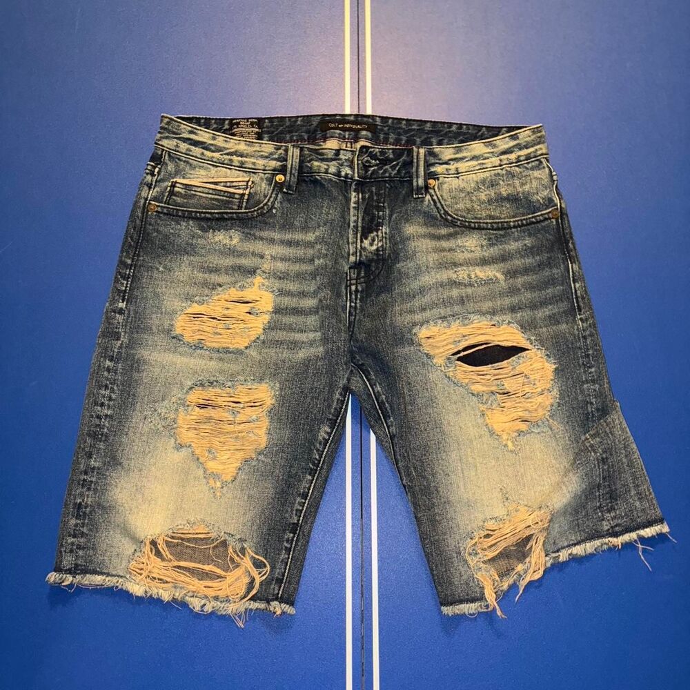 Cult of individuality Blue denim shorts with distressed details